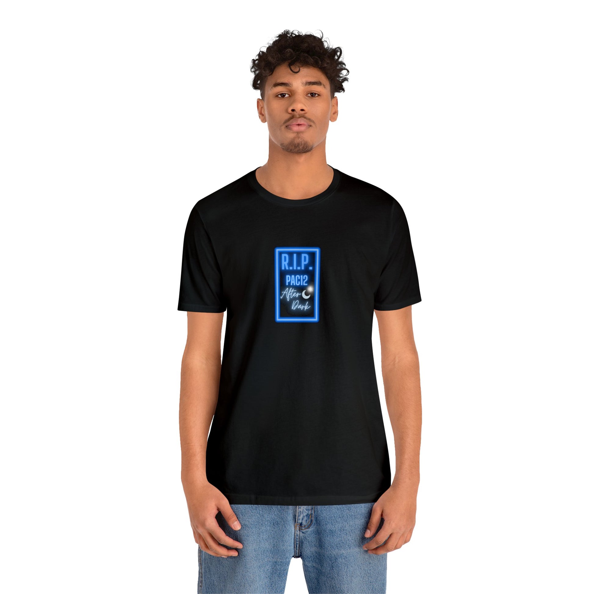 Model wearing the OG Pac-12 Legacy T-Shirt in black, showcasing retro-inspired style that honors the legendary Conference of Champions.
