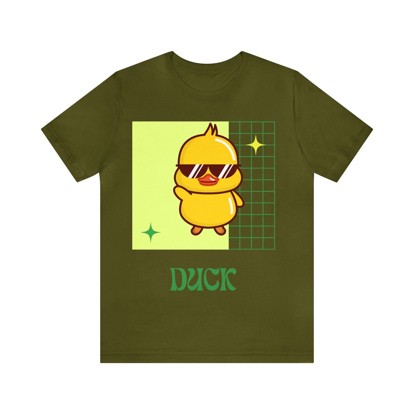 Olive Cute Duck Graphic T-Shirt featuring earthy tones and playful game-day charm.