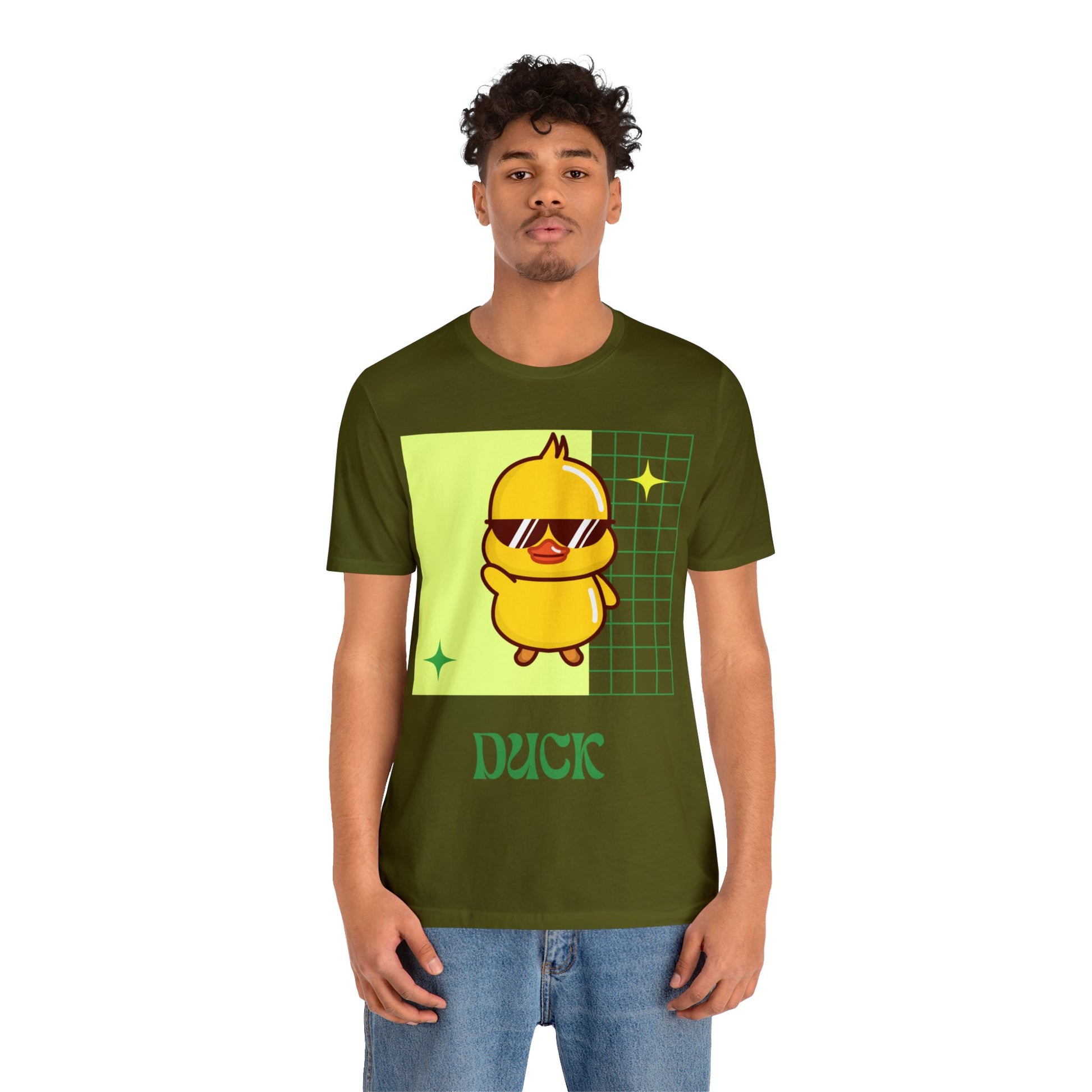 Olive Cute Duck Graphic T-Shirt paired with sneakers for a laid-back, game-day-ready outfit.