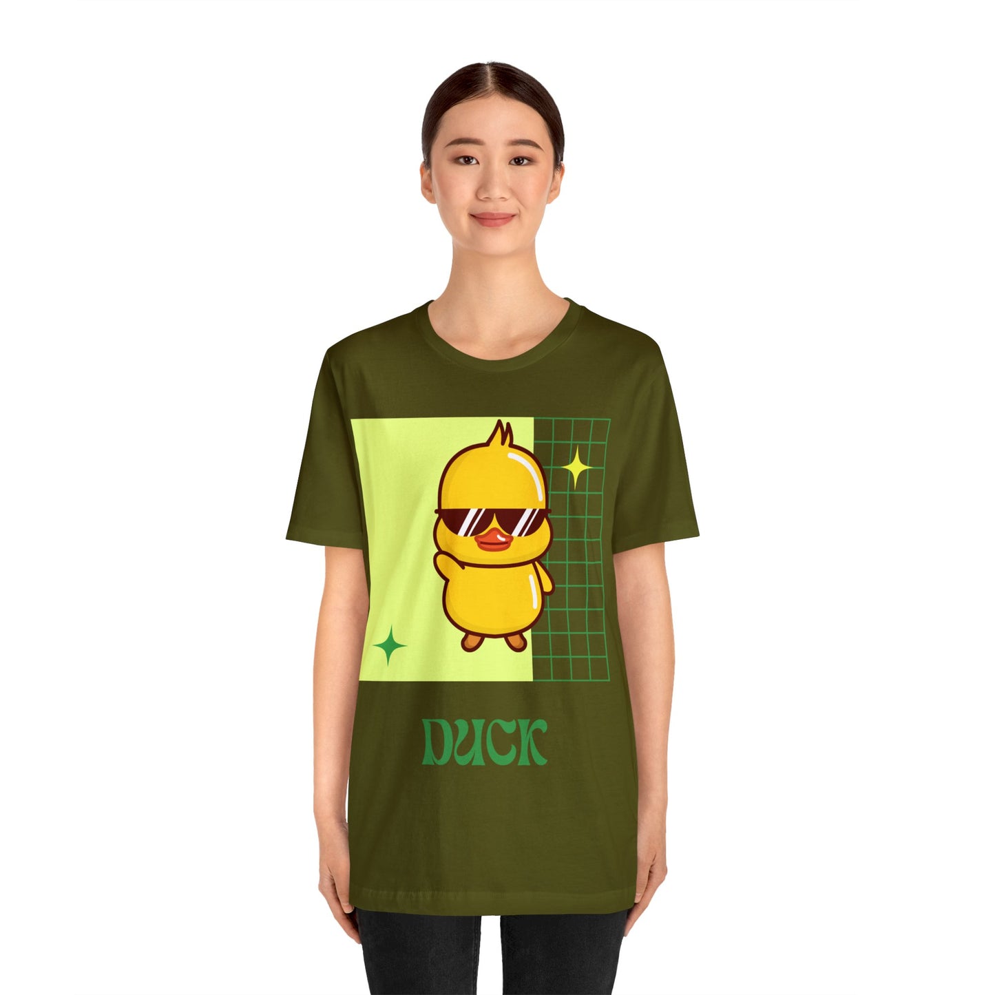 Olive Cute Duck Graphic T-Shirt styled at a stadium, offering a unique fan-friendly alternative to bold school colors.