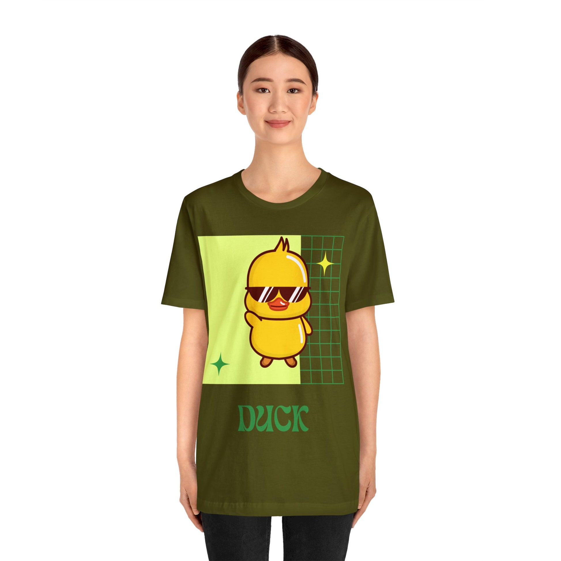 Olive Cute Duck Graphic T-Shirt styled at a stadium, offering a unique fan-friendly alternative to bold school colors.