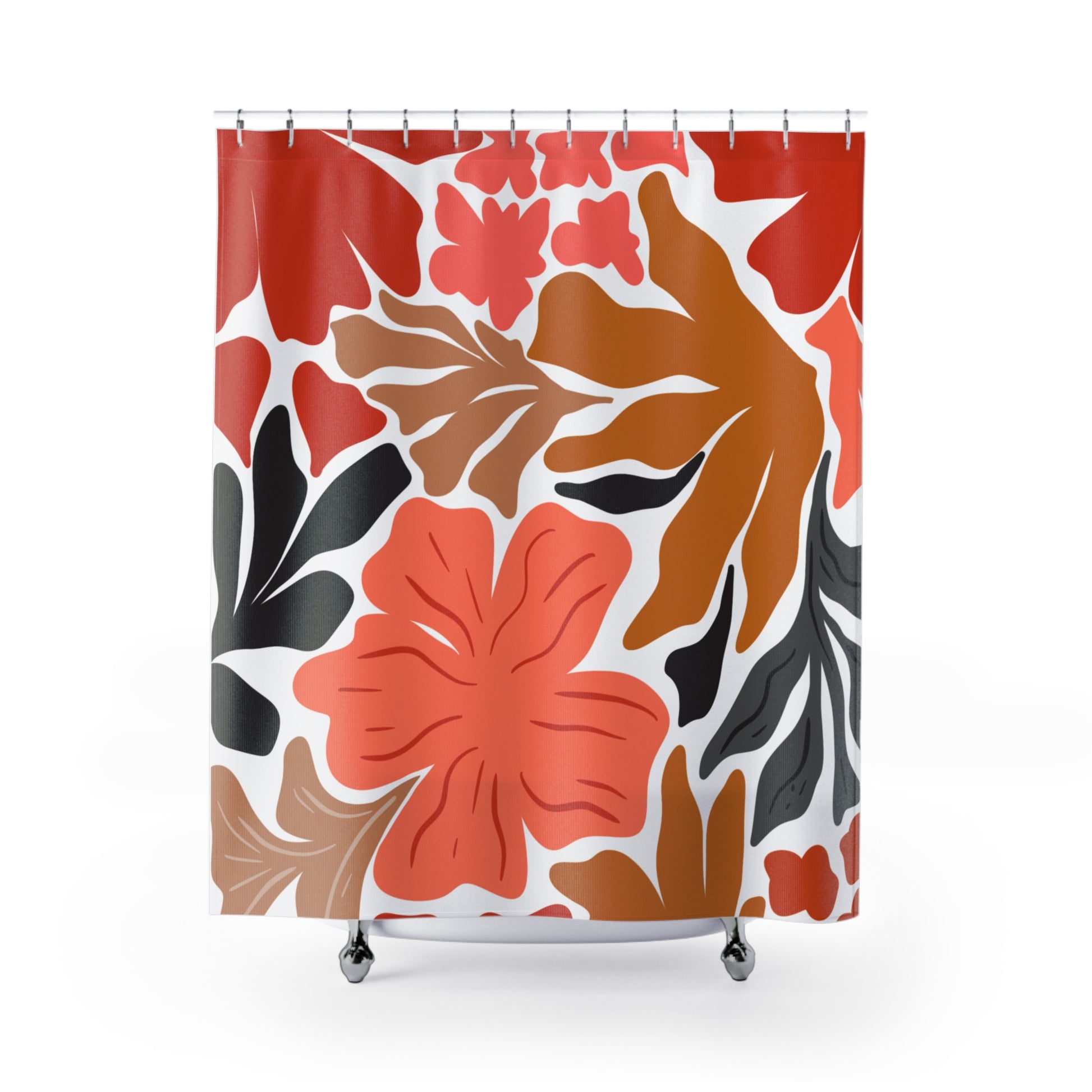 Styled bathroom scene with maximalist floral shower curtain, gold fixtures, and expressive decor accents