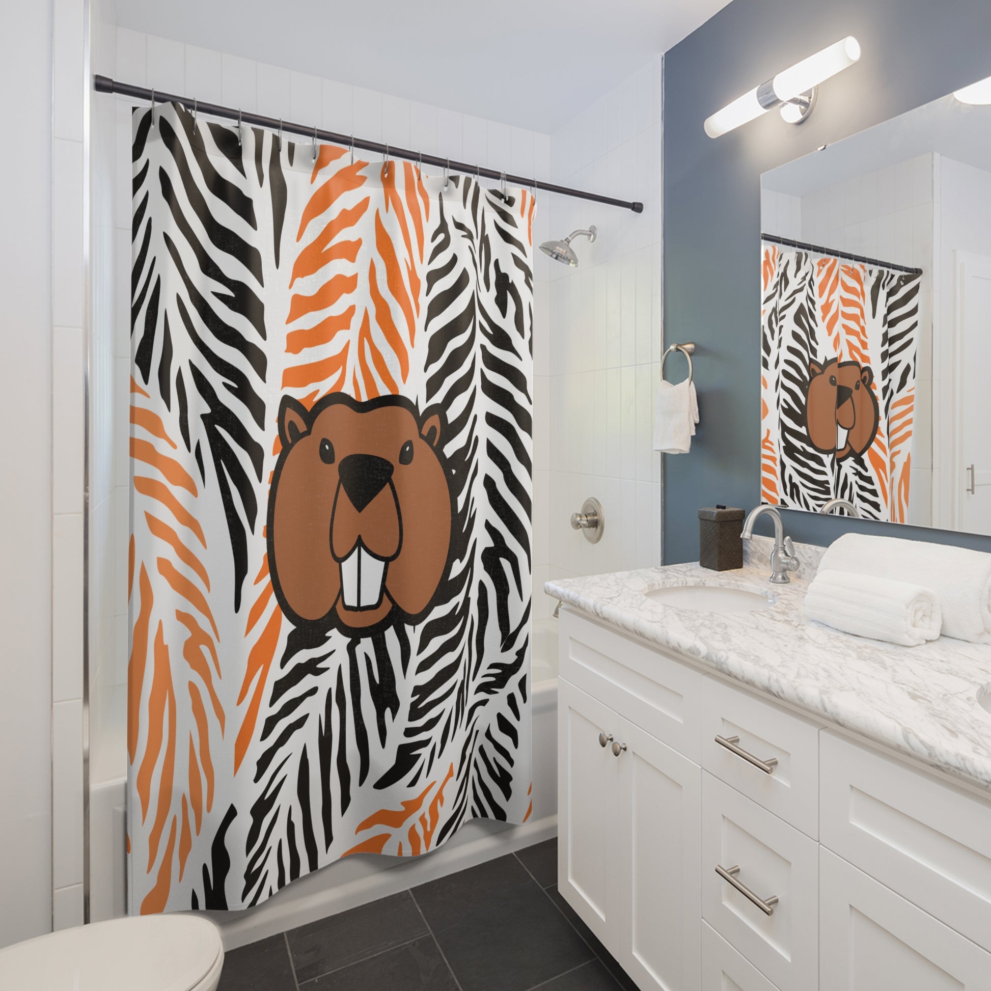 Styled bathroom scene with Jungle Beaver shower curtain, black fixtures, and college-themed accents