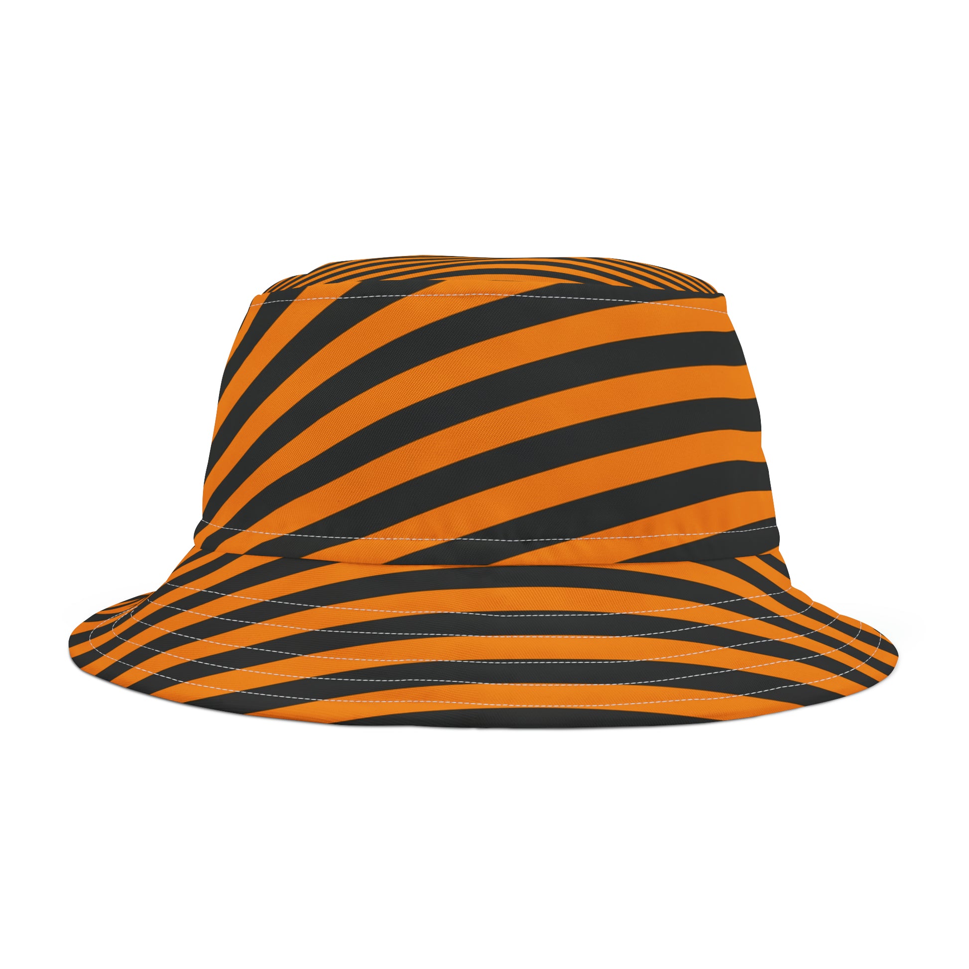 Front view of orange and black striped bucket hat—styled for Oregon State gamedays with bold contrast and relaxed fit