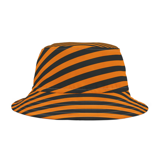 Front view of orange and black striped bucket hat—styled for Oregon State gamedays with bold contrast and relaxed fit