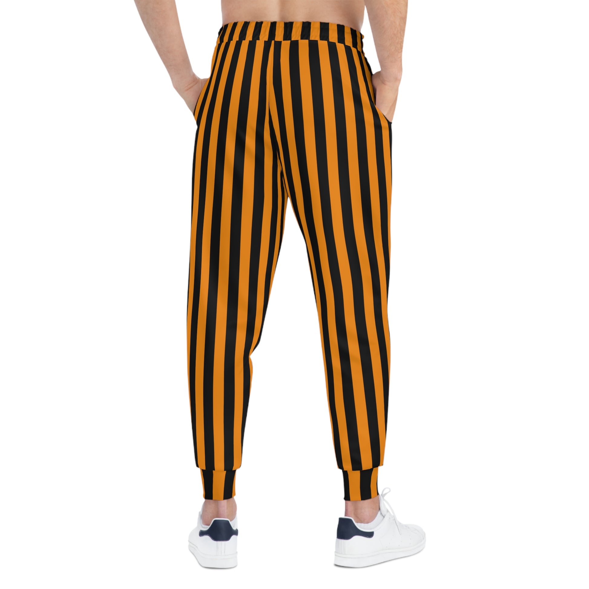 Back view of black joggers with orange stripes—flattering fit and PNW gameday energy for Corvallis weekends