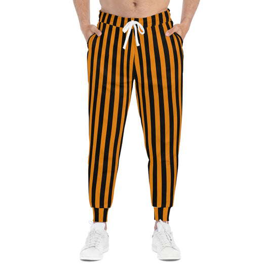 Front view of orange and black striped joggers styled for Oregon State gamedays—sporty, bold, and tailgate-ready