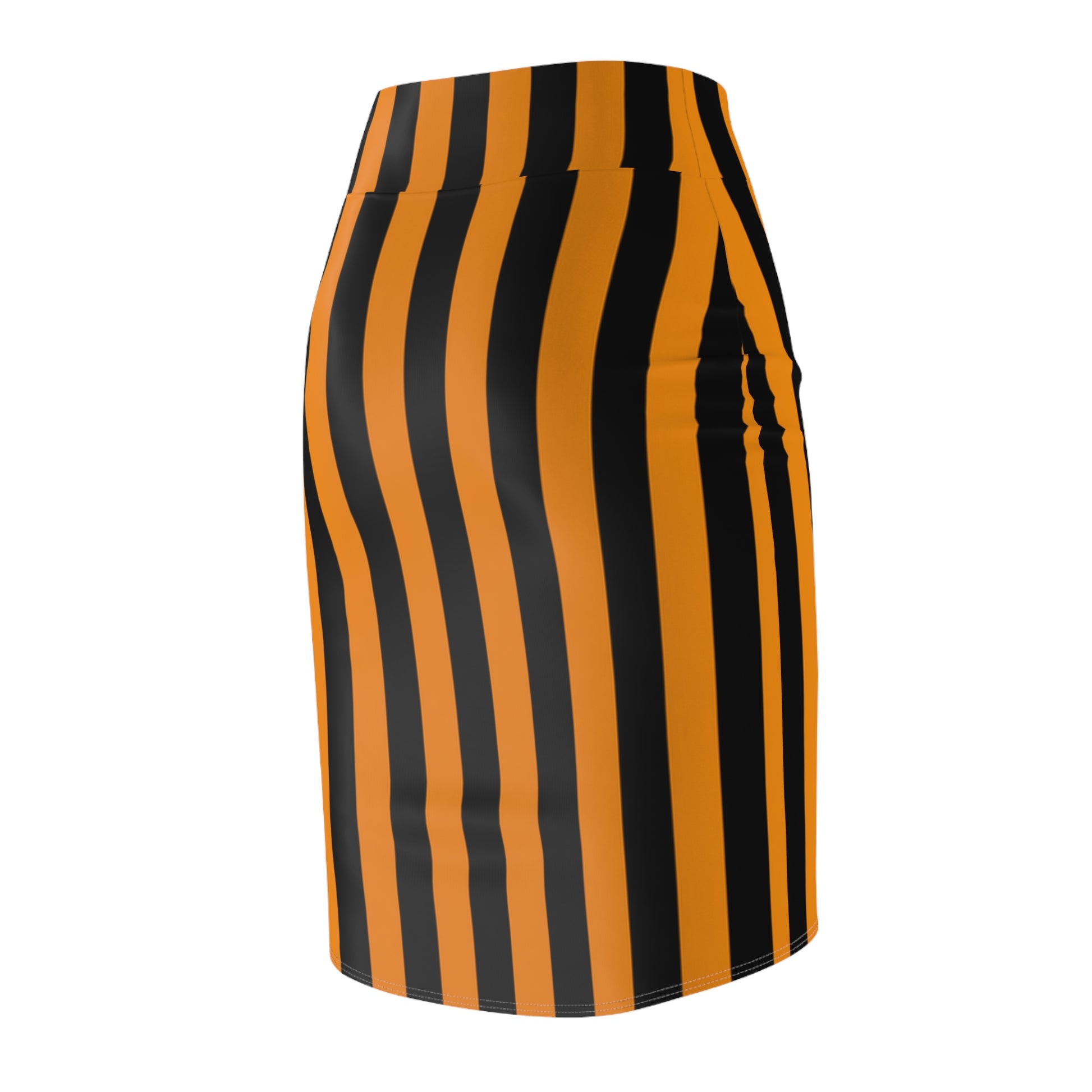 Back view of striped gameday skirt in black and orange—showing flattering silhouette and bold vertical pattern