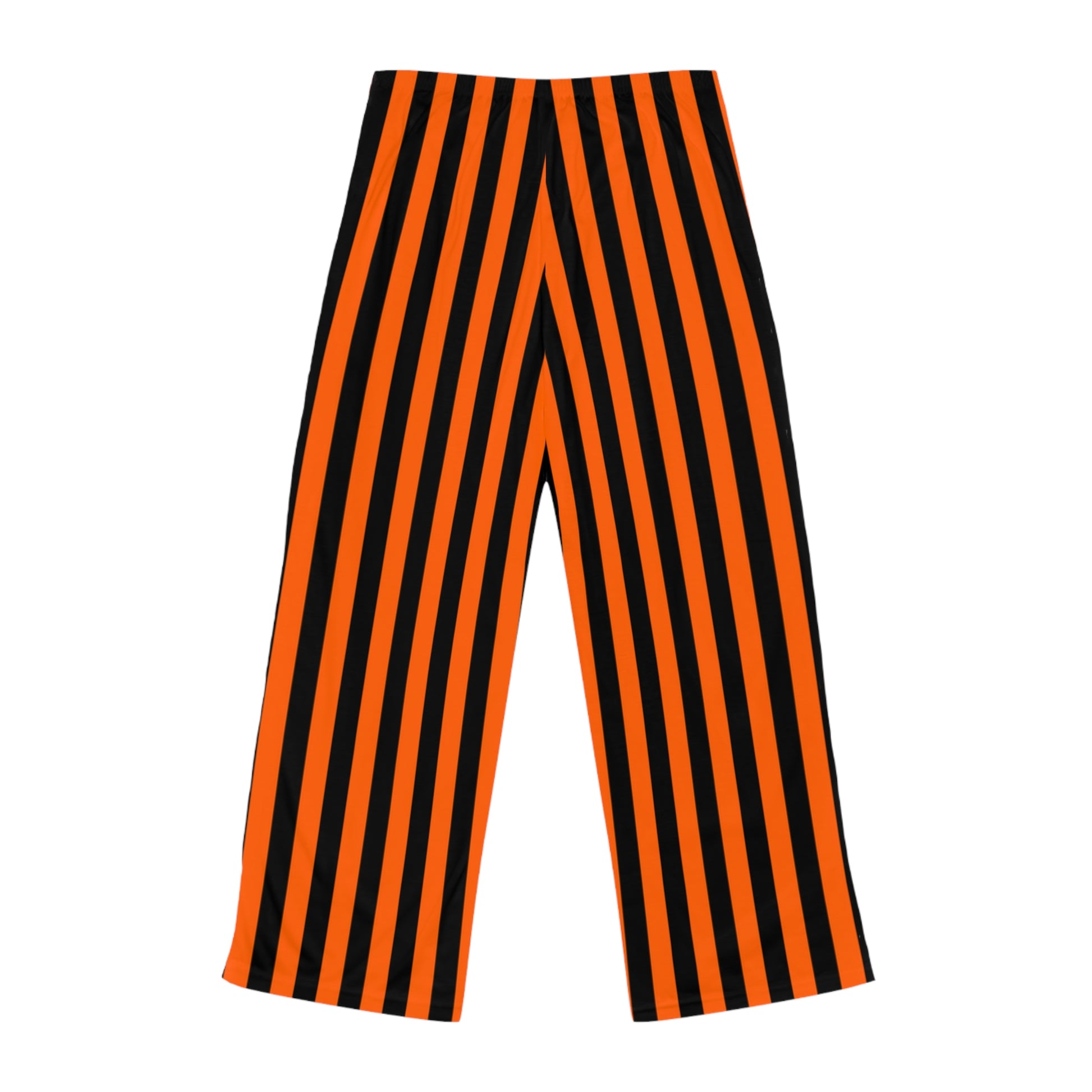 Back view of striped pajama pants in black and orange—cozy fit perfect for Corvallis tailgates and festive mornings