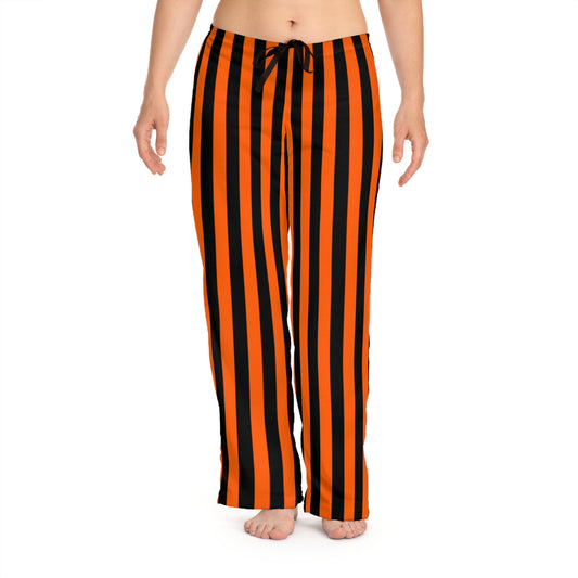 Front view of women’s orange and black striped pajama pants—relaxed fit styled for Oregon State holiday lounging