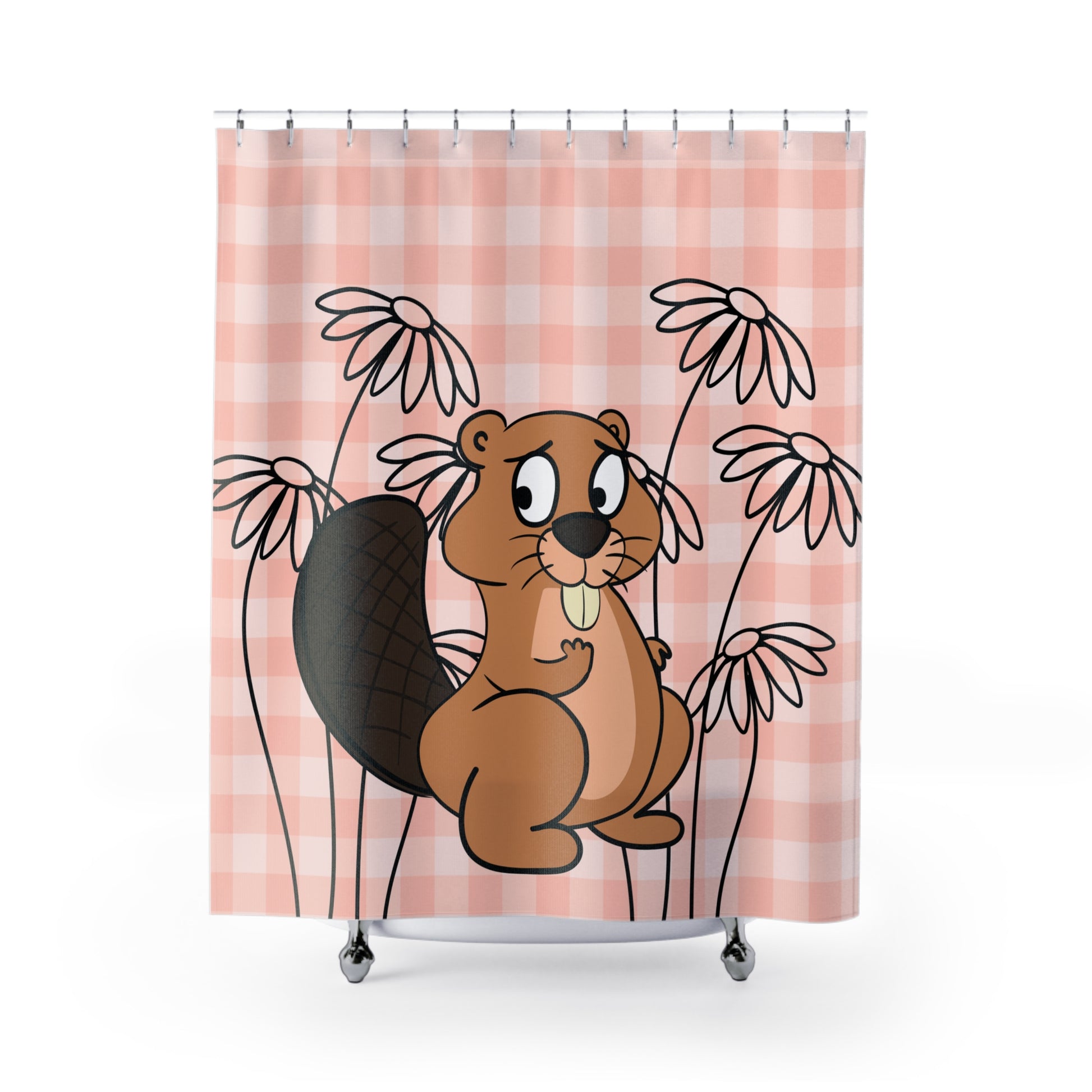Styled bathroom scene with pastel orange gingham and daisies shower curtain, white fixtures, and cottagecore accent