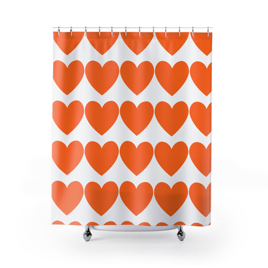 Front view of shower curtain with bold orange hearts on white background