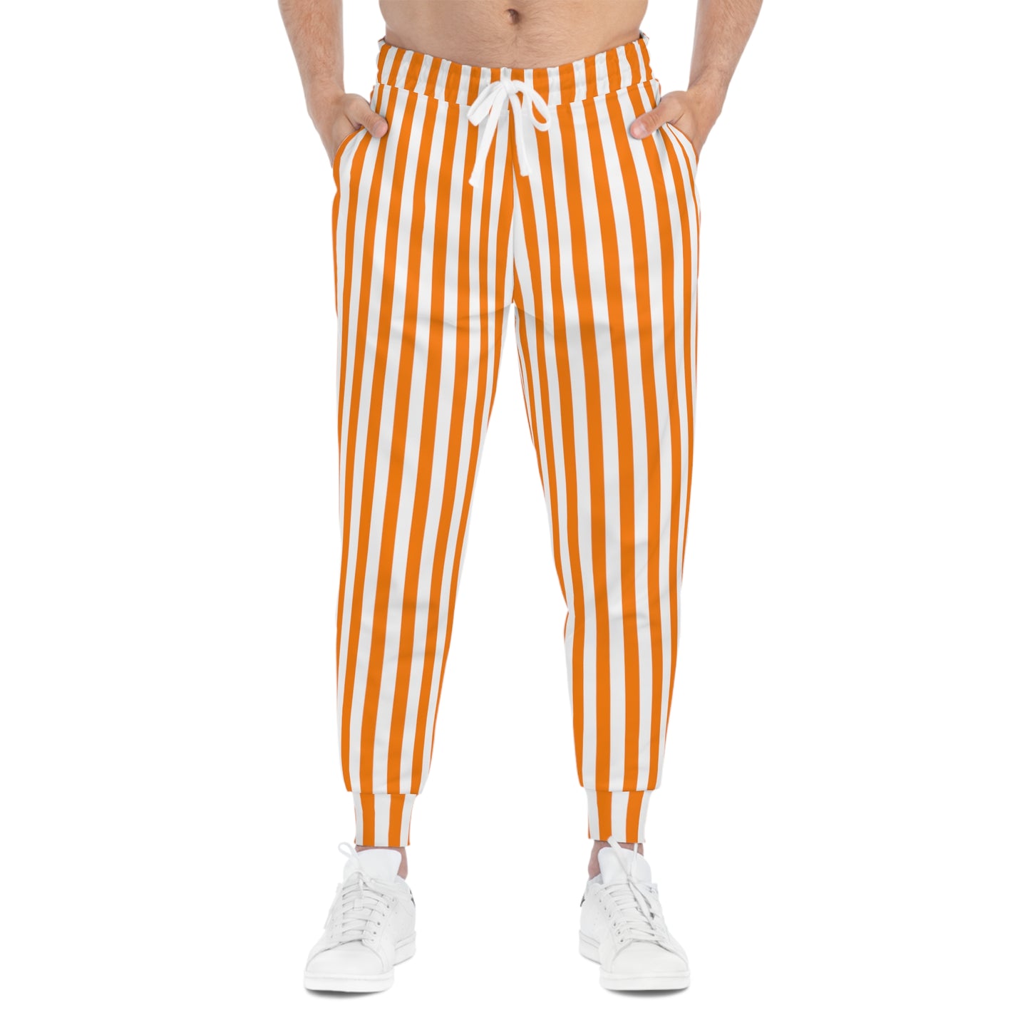Front view of orange striped jogger pants with black base—relaxed fit styled for Oregon State gameday lounging