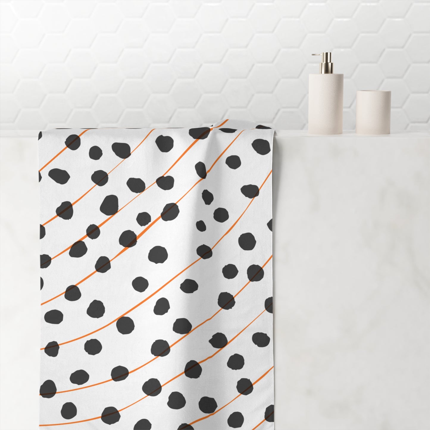 Front view of orange and black midcentury rain bath towel