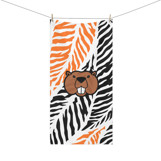 Front view of orange and black jungle beaver bath towel