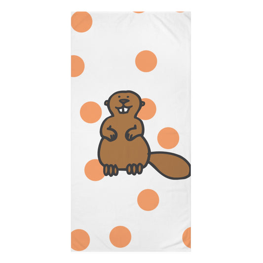 Front view of orange polka dot beaver-inspired bath towel