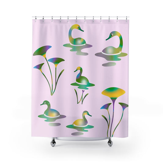 Pastel pink shower curtain with psychedelic ducks and magical forest design for college dorm bathrooms