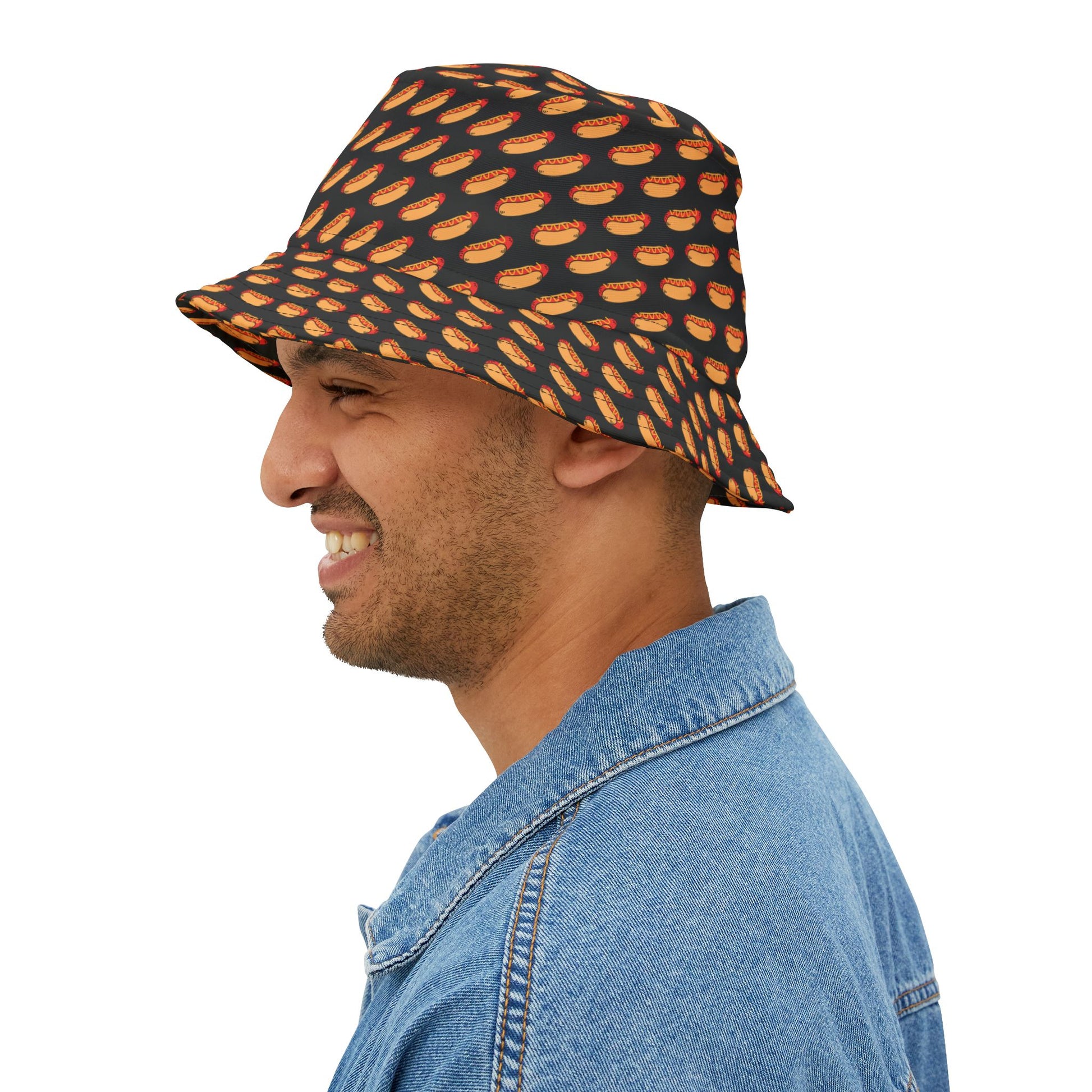 Stylish black bucket hat with a fun hot dog design—ideal for summer BBQs and Independence Day parties.
