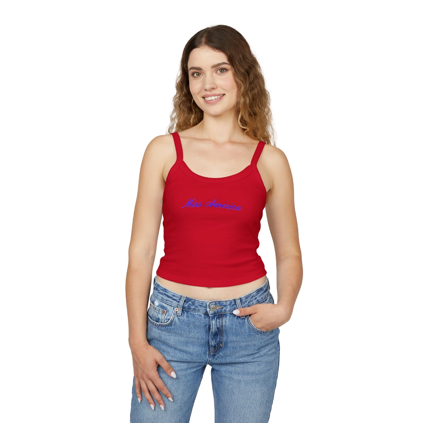 Classic red Fourth of July tank top with bold blue cursive “Miss America” lettering—festive, fun, and full of American pride.