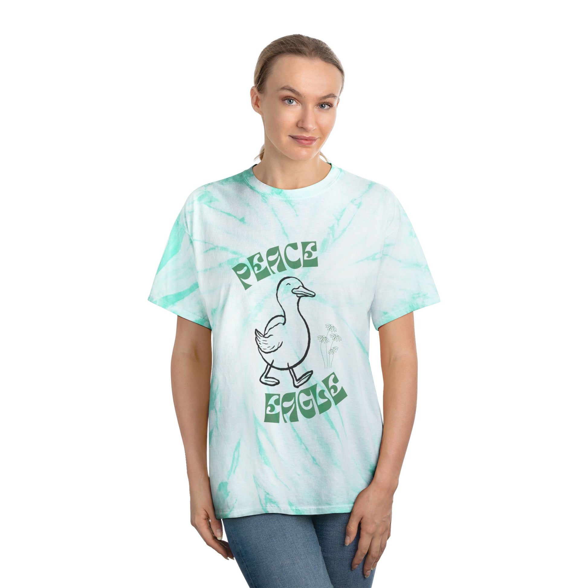 Front and back view of green and yellow Peace Eagle Duck tee featuring bold rivalry message for Oregon fans.