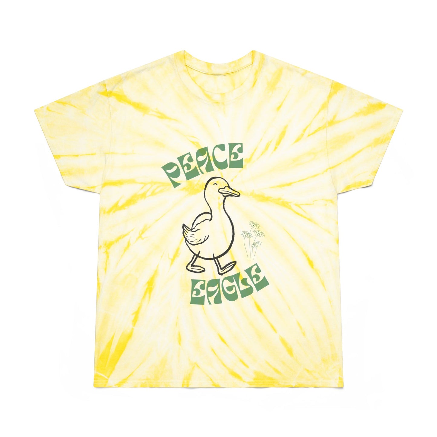 Green and yellow tie-dye tee with “peace eagle > war eagle” message, styled for bold Oregon football fans.