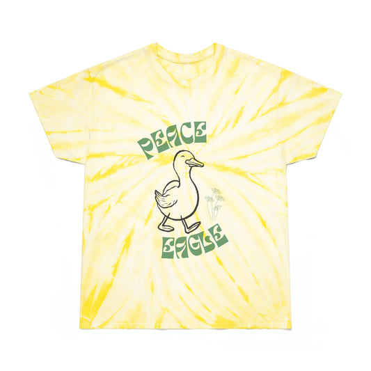 Green and yellow tie-dye tee with “peace eagle > war eagle” message, styled for bold Oregon football fans.