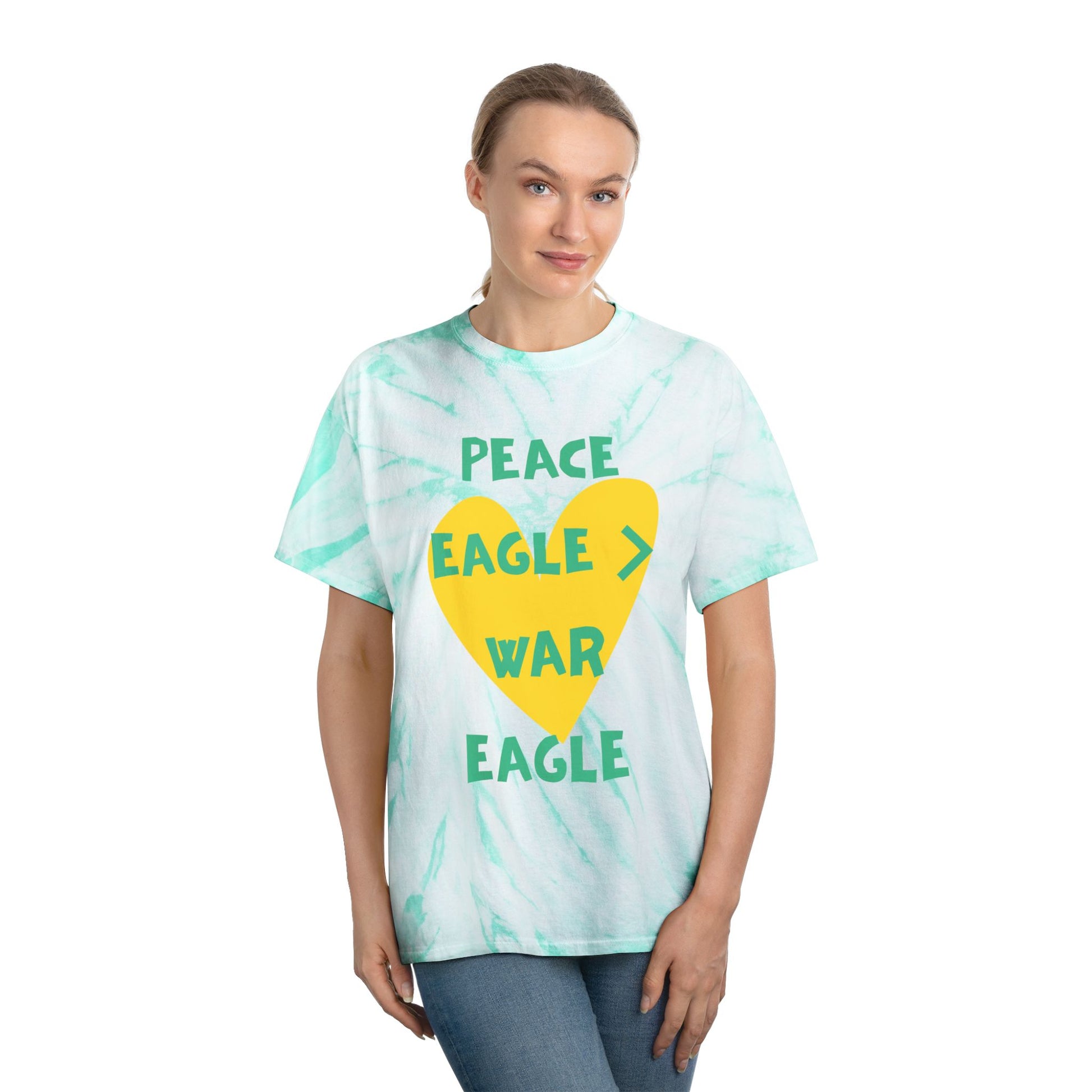 Front and back view of yellow and green heart tie-dye Peace Eagle tee featuring bold rivalry message for Oregon fans.