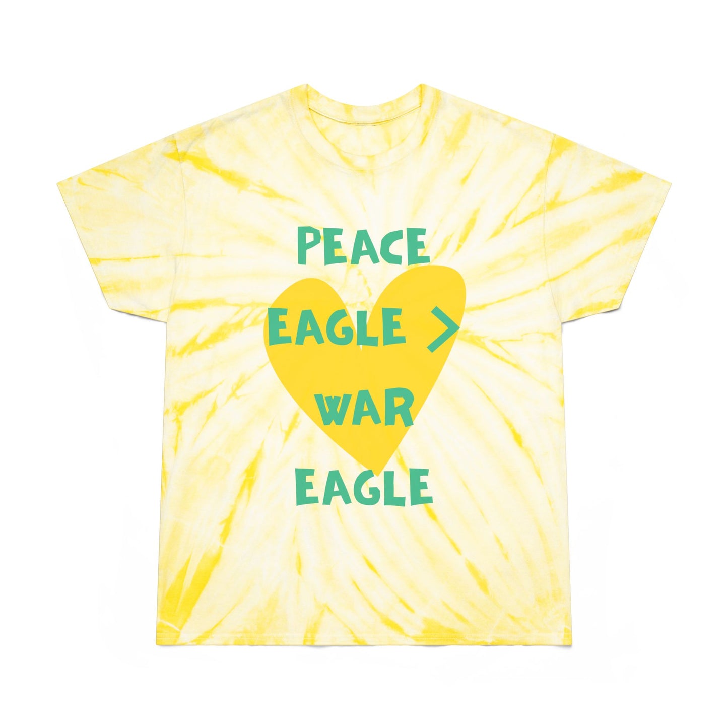 Yellow and green heart tie-dye tee with “peace eagle > war eagle” message, styled for playful Oregon football fans