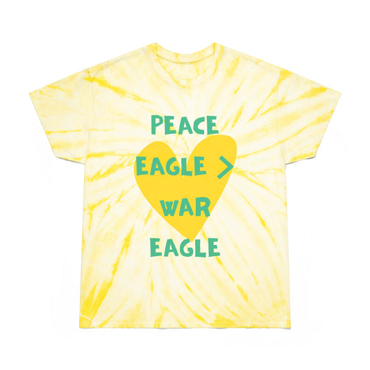 Yellow and green heart tie-dye tee with “peace eagle > war eagle” message, styled for playful Oregon football fans