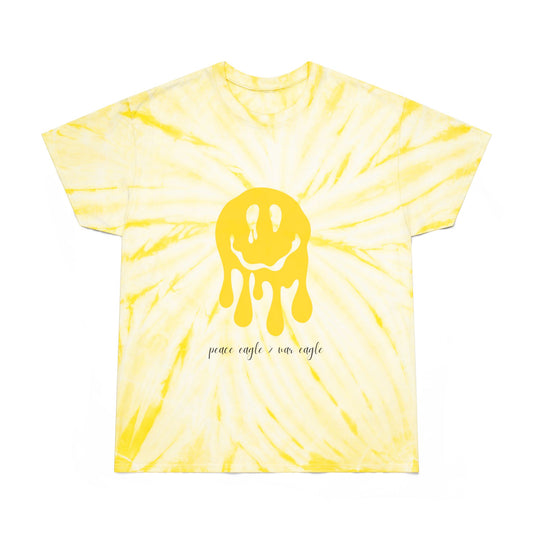 Yellow and green tie-dye tee with melting smiley and “peace eagle > war eagle” slogan, styled for bold Oregon football fans.