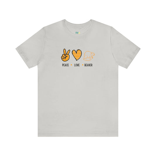 Front view of Peace Love Beaver t-shirt in silver—soft neutral tone styled for Oregon State fans with retro graphic icons