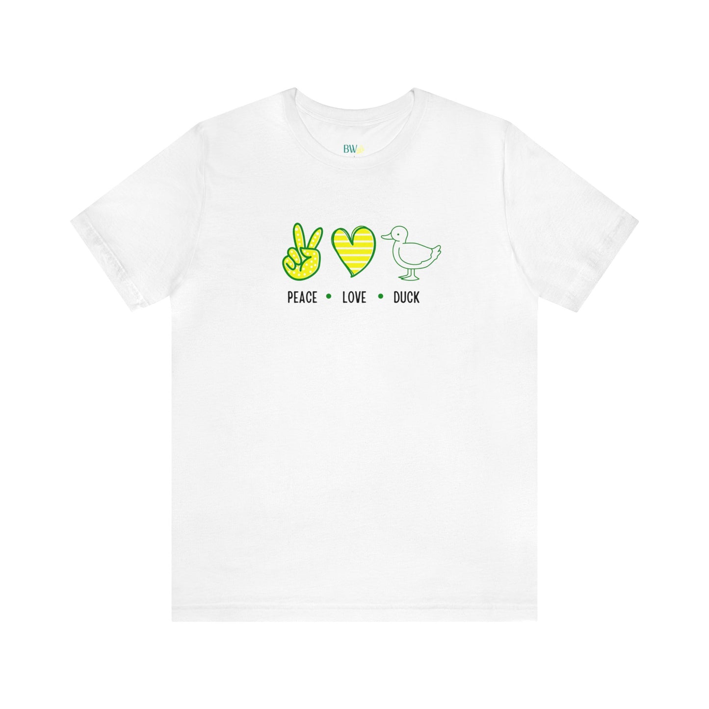 Peace Love Duck T-Shirt featuring a playful design with peace, heart, and duck-inspired graphics in bold game-day colors.