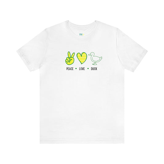 Peace Love Duck T-Shirt featuring a playful design with peace, heart, and duck-inspired graphics in bold game-day colors.
