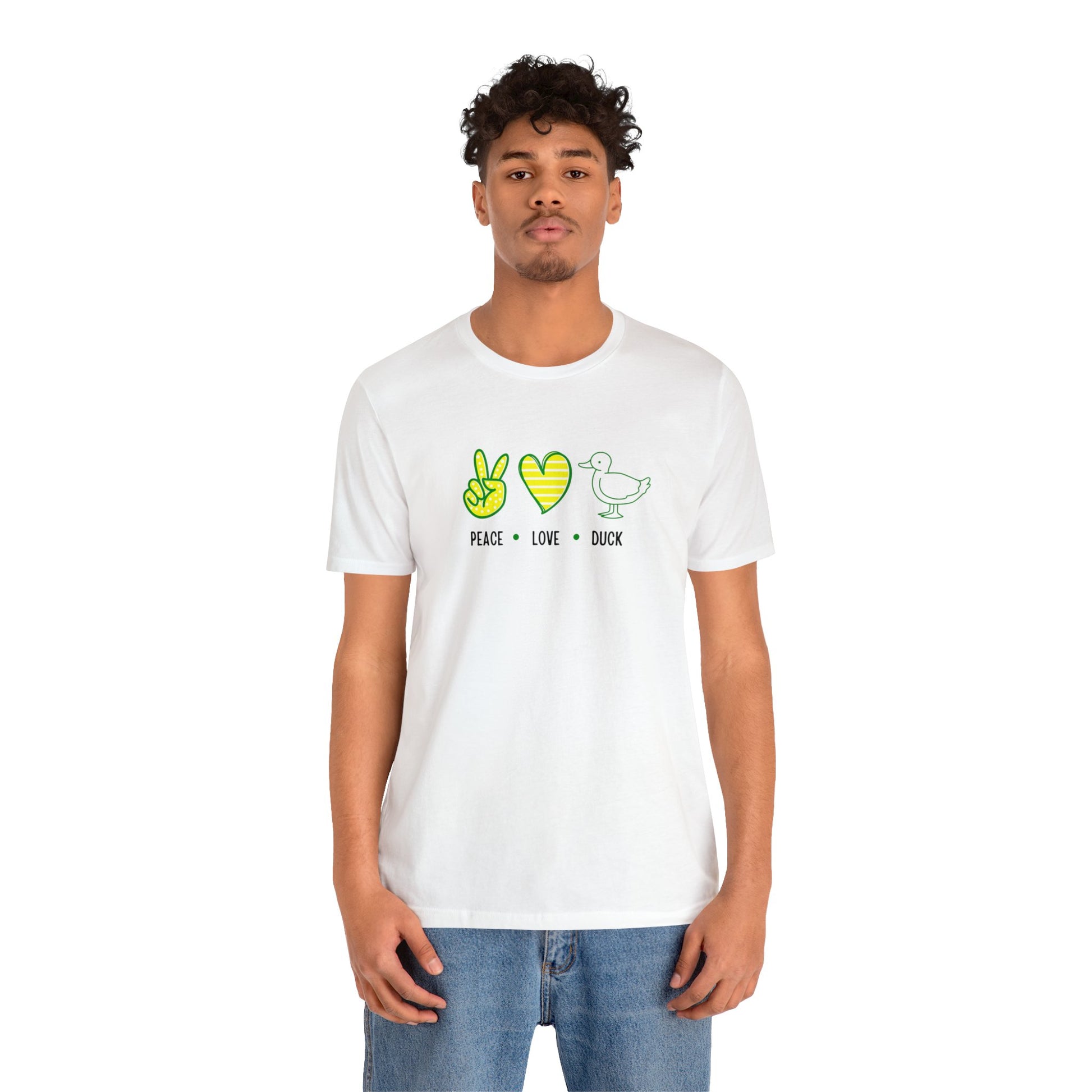 Peace Love Duck T-Shirt styled at a football stadium, blending casual comfort with classic fan colors.
