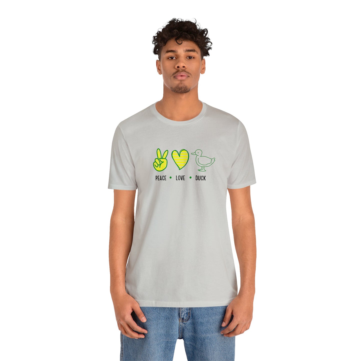 Peace Love Duck T-Shirt worn at a tailgate, enjoying classic game-day food and celebrating football traditions in style.