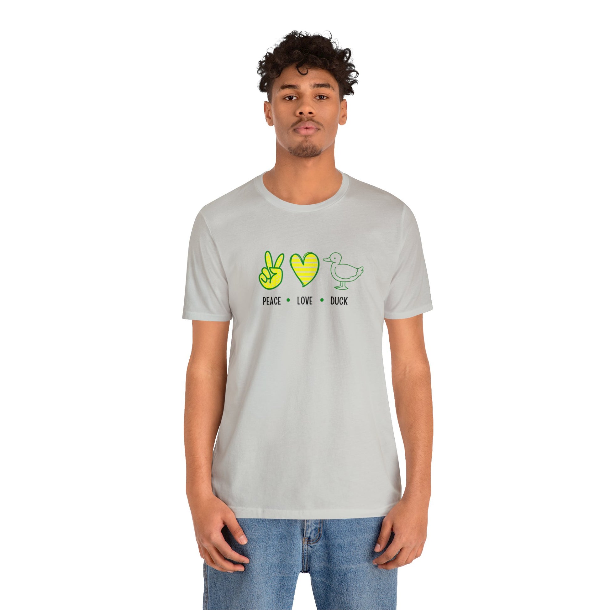 Peace Love Duck T-Shirt worn at a tailgate, enjoying classic game-day food and celebrating football traditions in style.