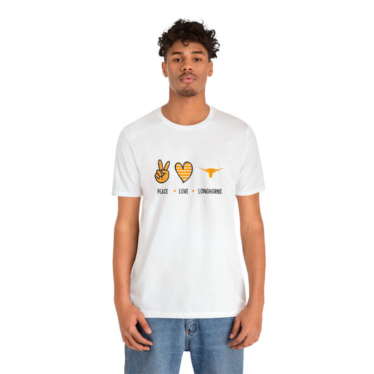 Front view of Peace Love Longhorn t-shirt in burnt orange with retro graphics—styled for Austin gameday and Southern tailgate outfits