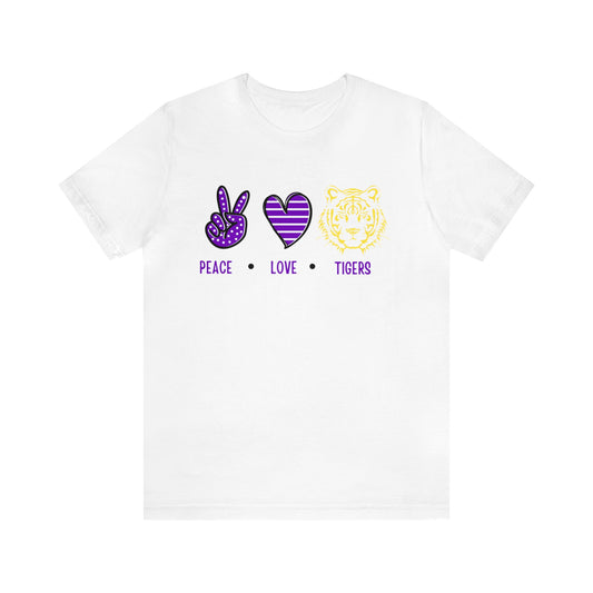 Front view of Peace Love Tiger graphic tee in purple and gold—tailgate-ready and styled for Baton Rouge gameday looks