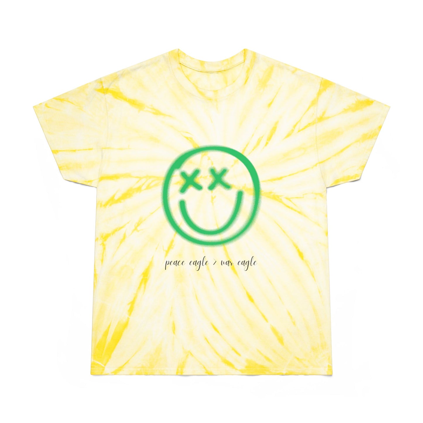Green and yellow tie-dye tee with retro smiley and “peace eagle > war eagle” message, styled for playful Oregon football fans.