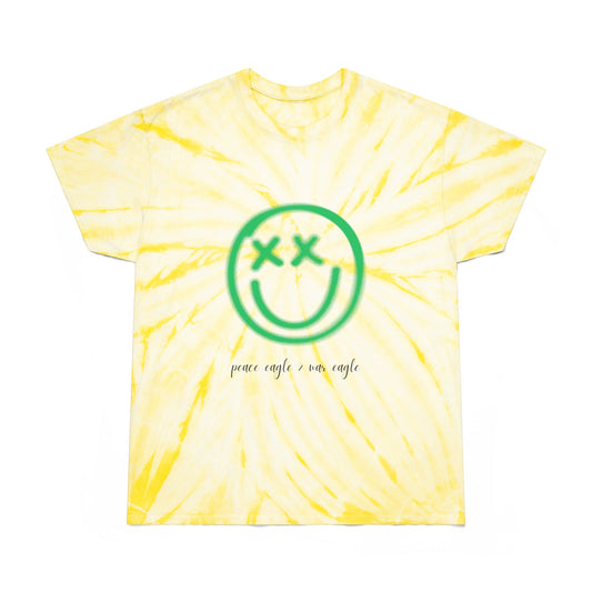 Green and yellow tie-dye tee with retro smiley and “peace eagle > war eagle” message, styled for playful Oregon football fans.
