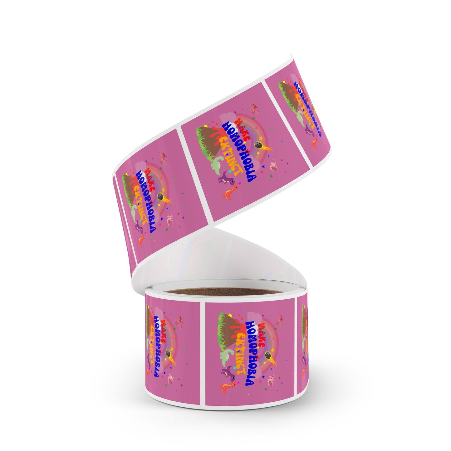 Minimalist pink dinosaur sticker with “Make Homophobia Extinct” text—perfect for laptops, water bottles, and Pride celebrations.