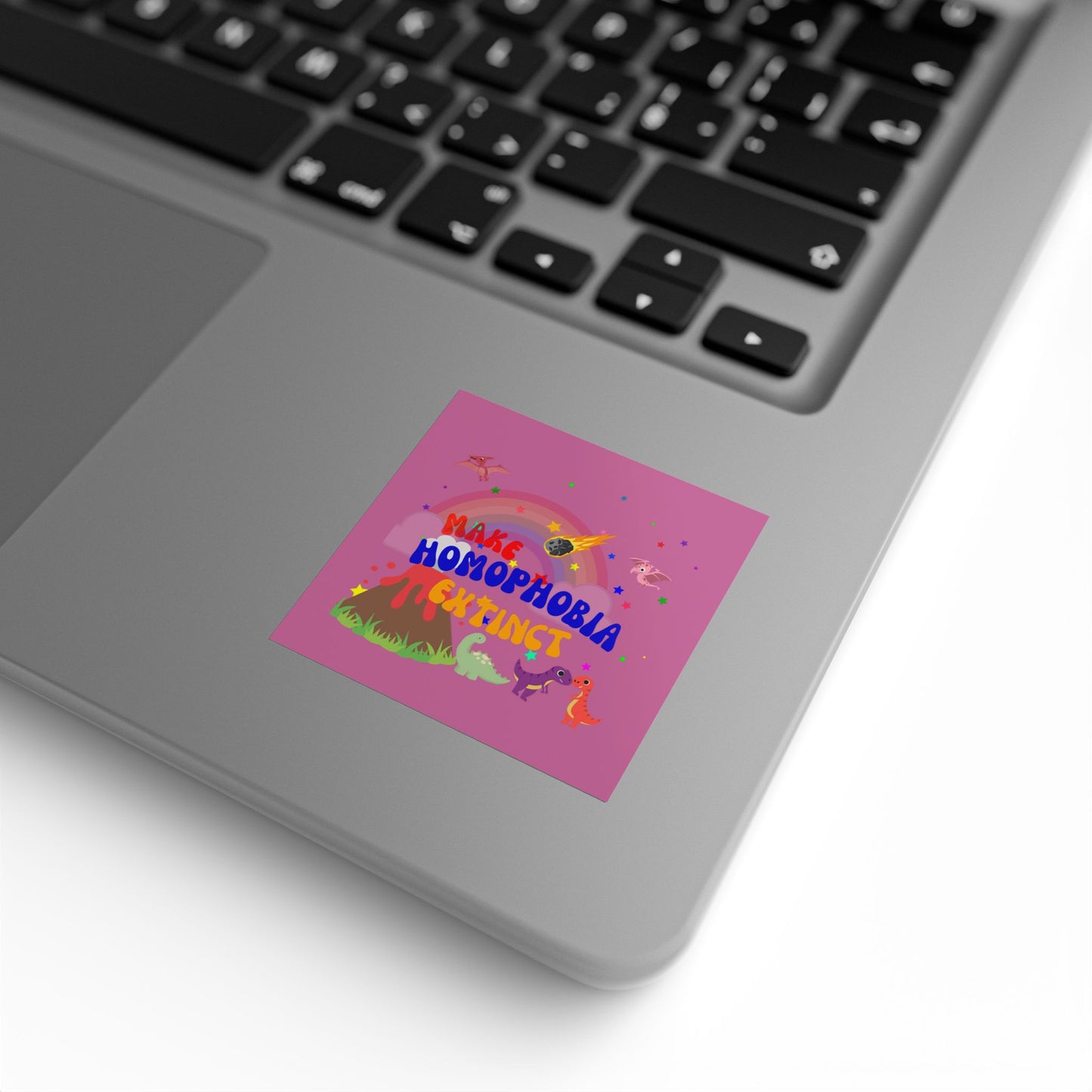 Minimalist pink dinosaur Pride sticker featuring “Make Homophobia Extinct”—spreading an important message with charm.