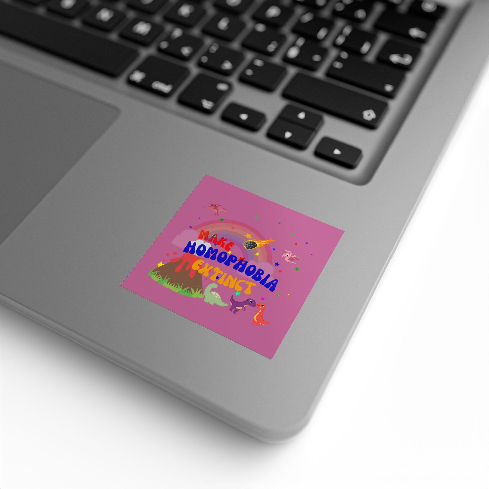 Minimalist pink dinosaur Pride sticker featuring “Make Homophobia Extinct”—spreading an important message with charm.