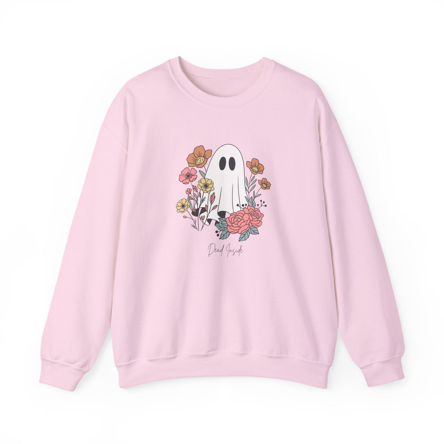 Pink sweatshirt featuring soft ghost illustration with florals and cheeky “dead inside” text, perfect for fall comfort.