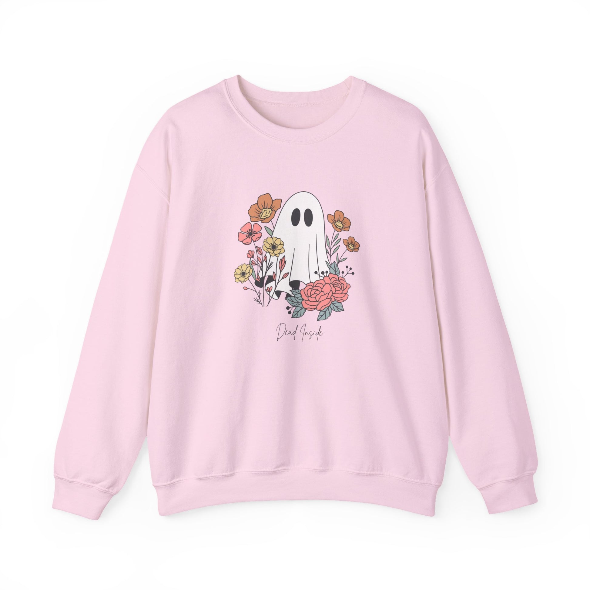 Pink sweatshirt featuring soft ghost illustration with florals and cheeky “dead inside” text, perfect for fall comfort.