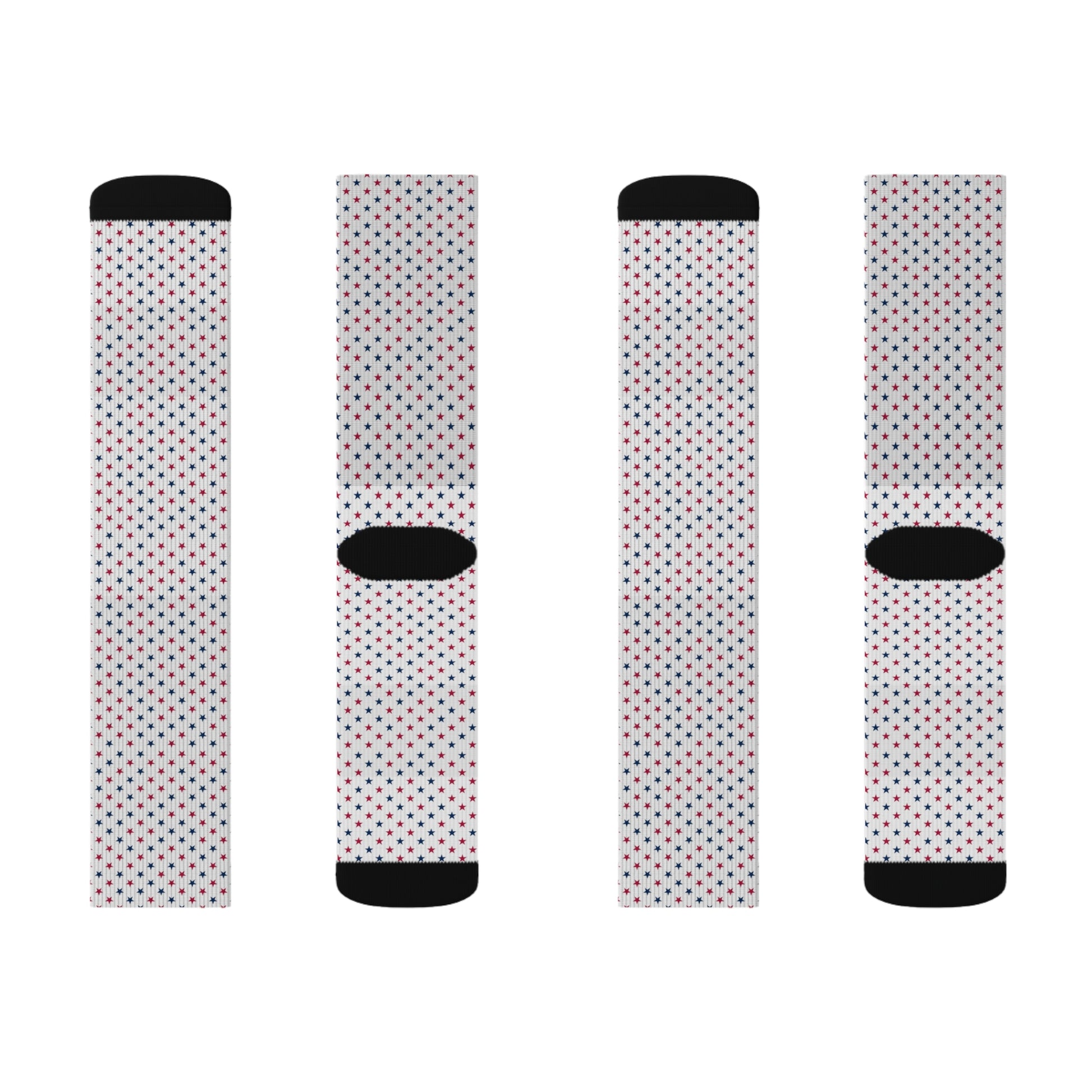Playful Fourth of July novelty socks with scattered red, white, and blue stars—great for adding a festive touch to any look.