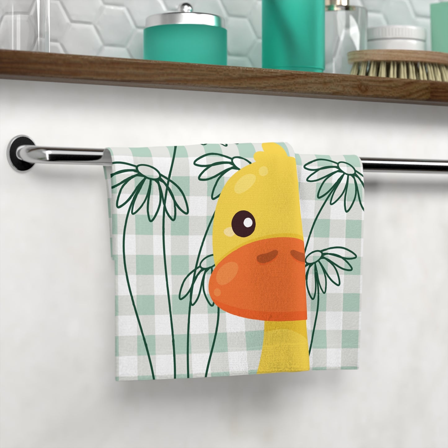 Cute duck and floral towel designed for cozy college apartment self-care