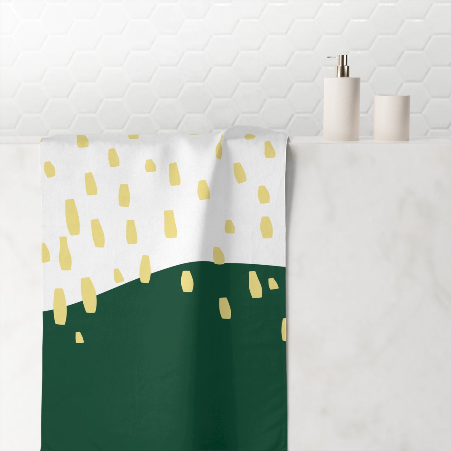 Retro bath towel featuring bold green and gold palette, perfect for Oregon student decor