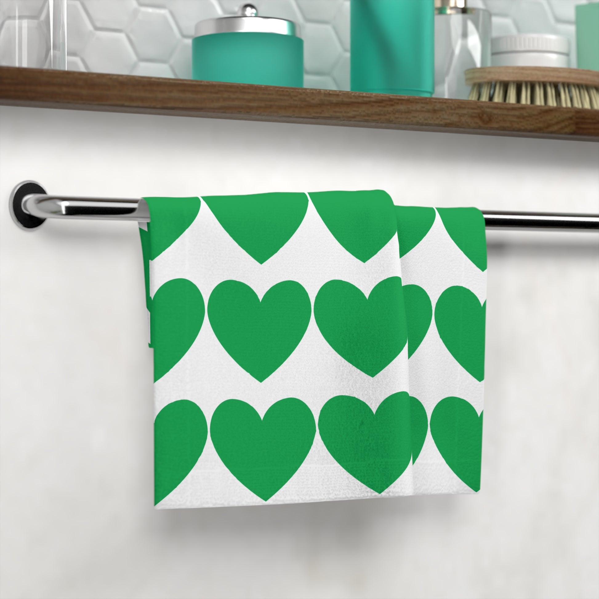 Absorbent towel with playful green hearts, perfect for student self-care routines