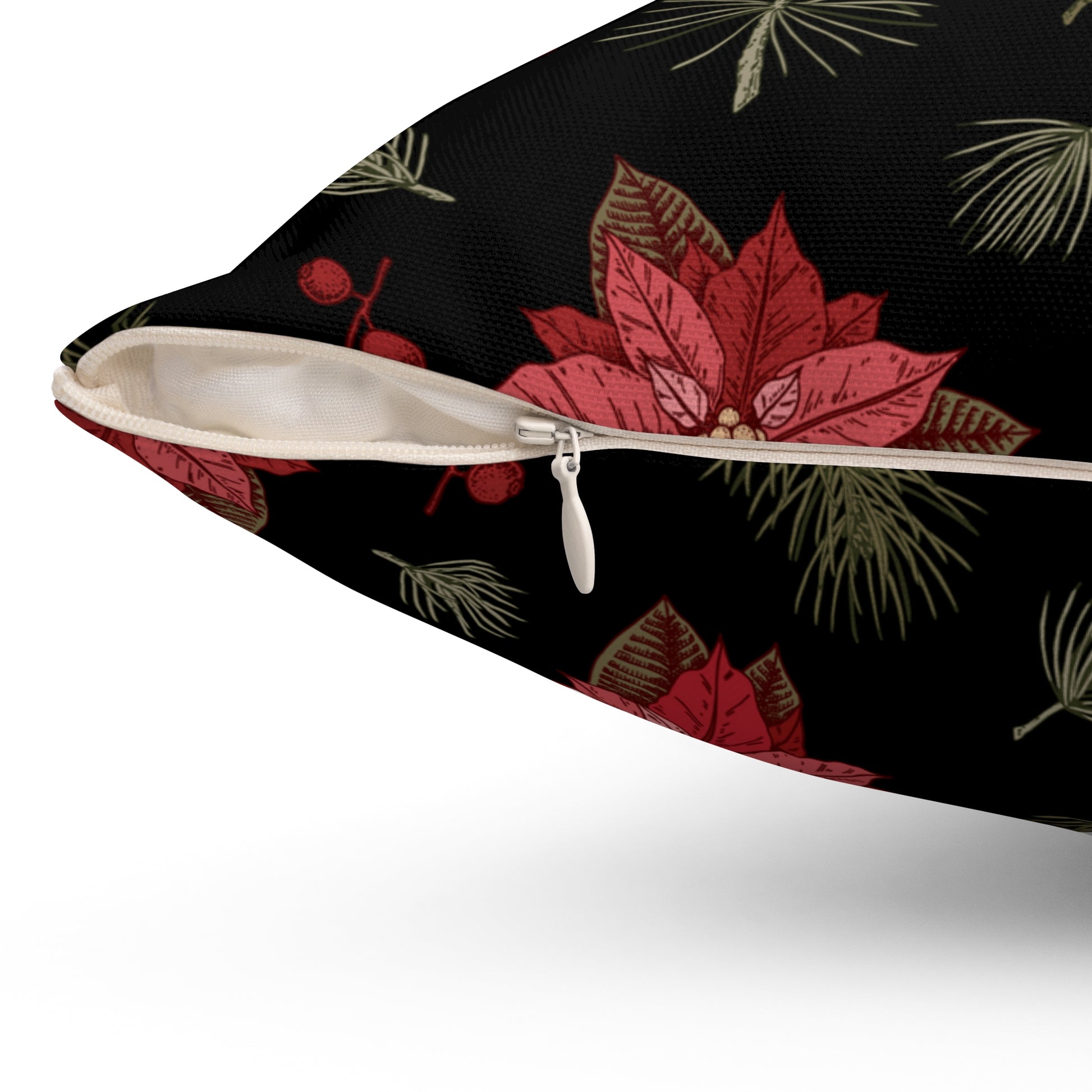 Close-up of hidden zipper on back of elegant holiday pillow showing neat stitching and soft textured fabric